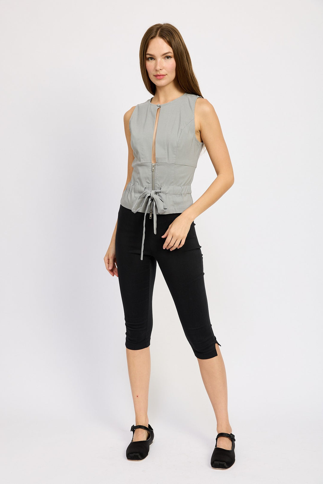 Grey Sleeveless Top With Front Cutout