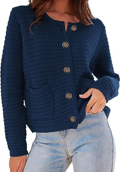 Blue Textured Button Front Cardigan