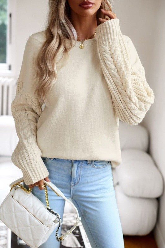 Cream Cable Knit Sleeve Sweater