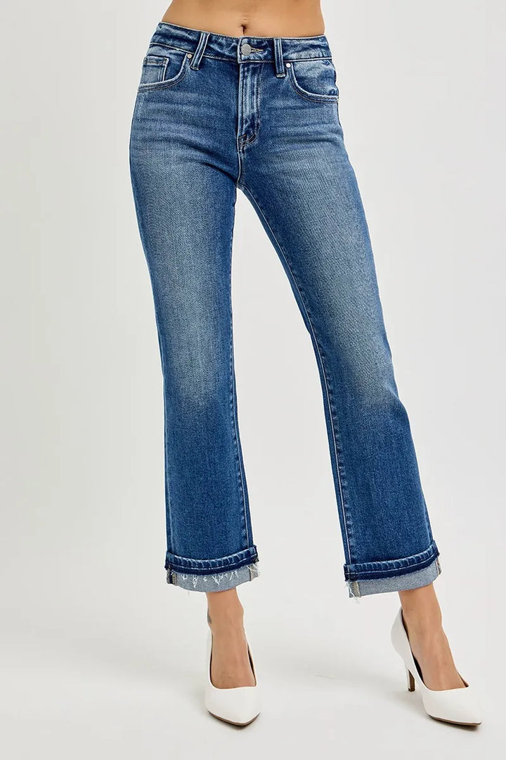 Dark Risen Mid Rise Ankle Straight Cuffed Jeans