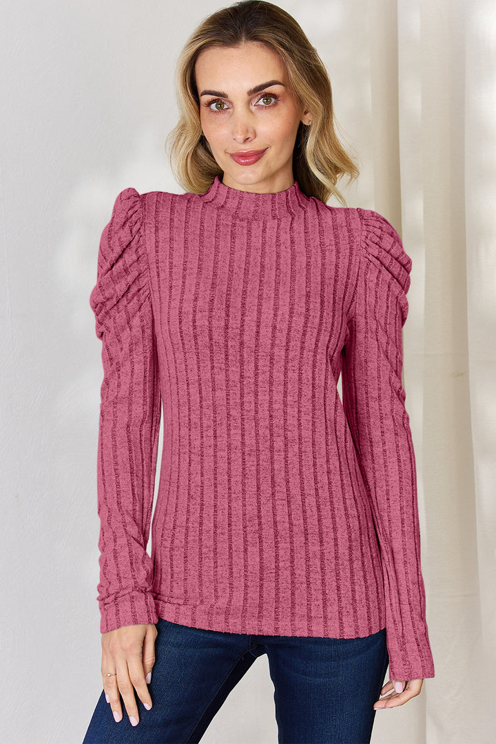 Basic Bae Full Size Ribbed Mock Neck Puff Sleeve T Shirt