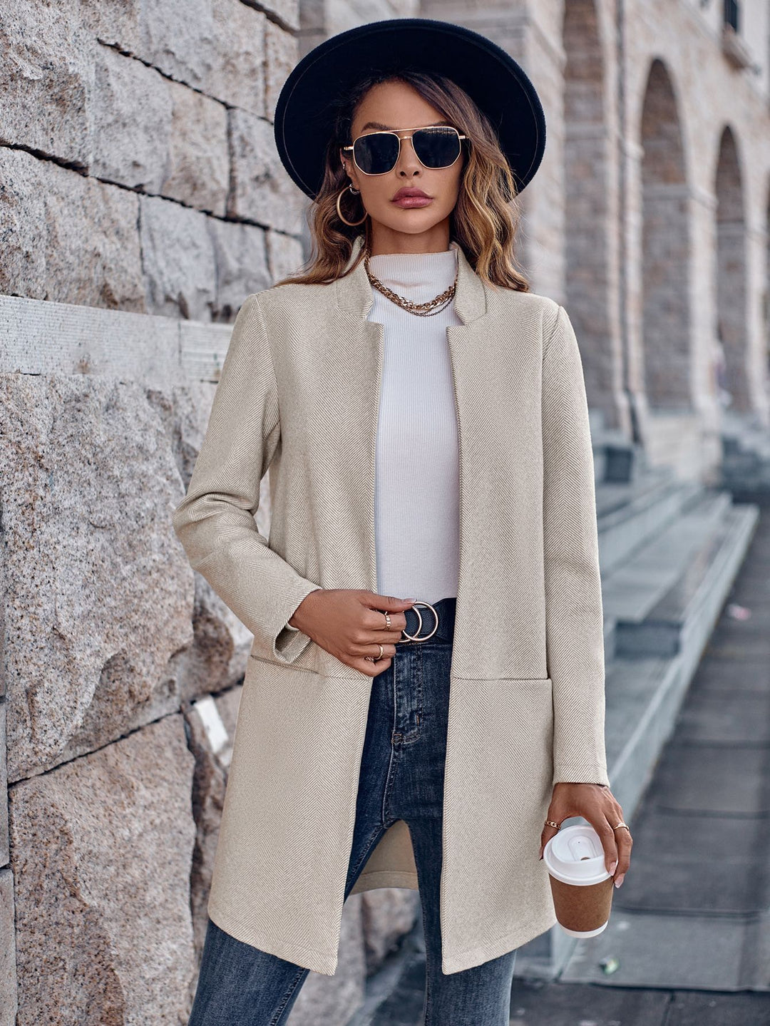 Cream Long Open Front Blazer