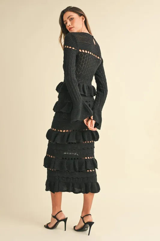 Black Mable Long Sleeve Tiered Ruffle Knit Midi Dress