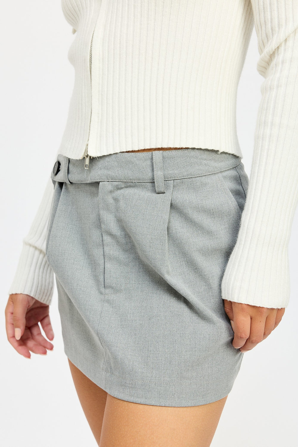 Grey Mini Skirt With Diagonal Button Detail