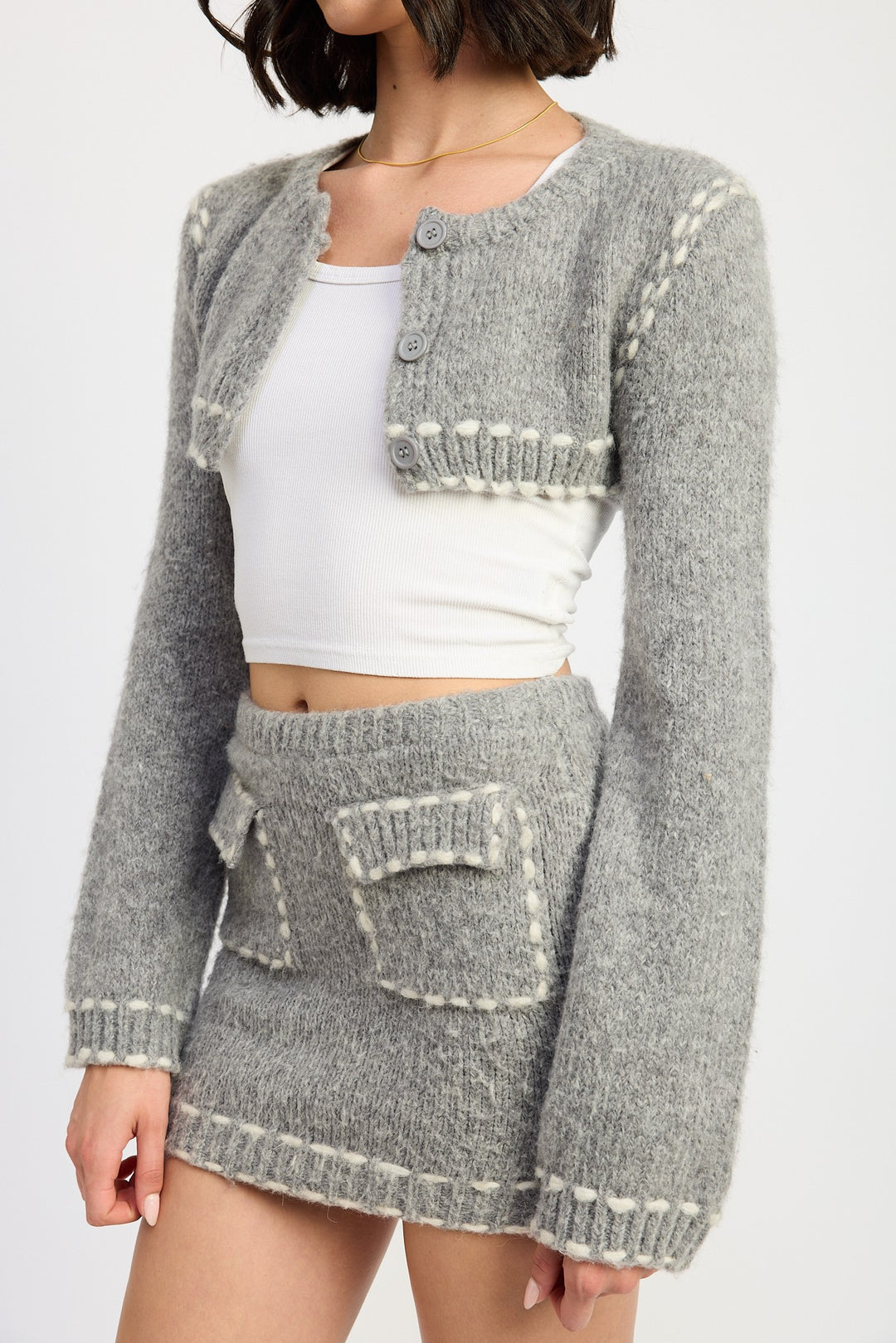 H Grey Cropped Bubble Sleeve Cardigan Top