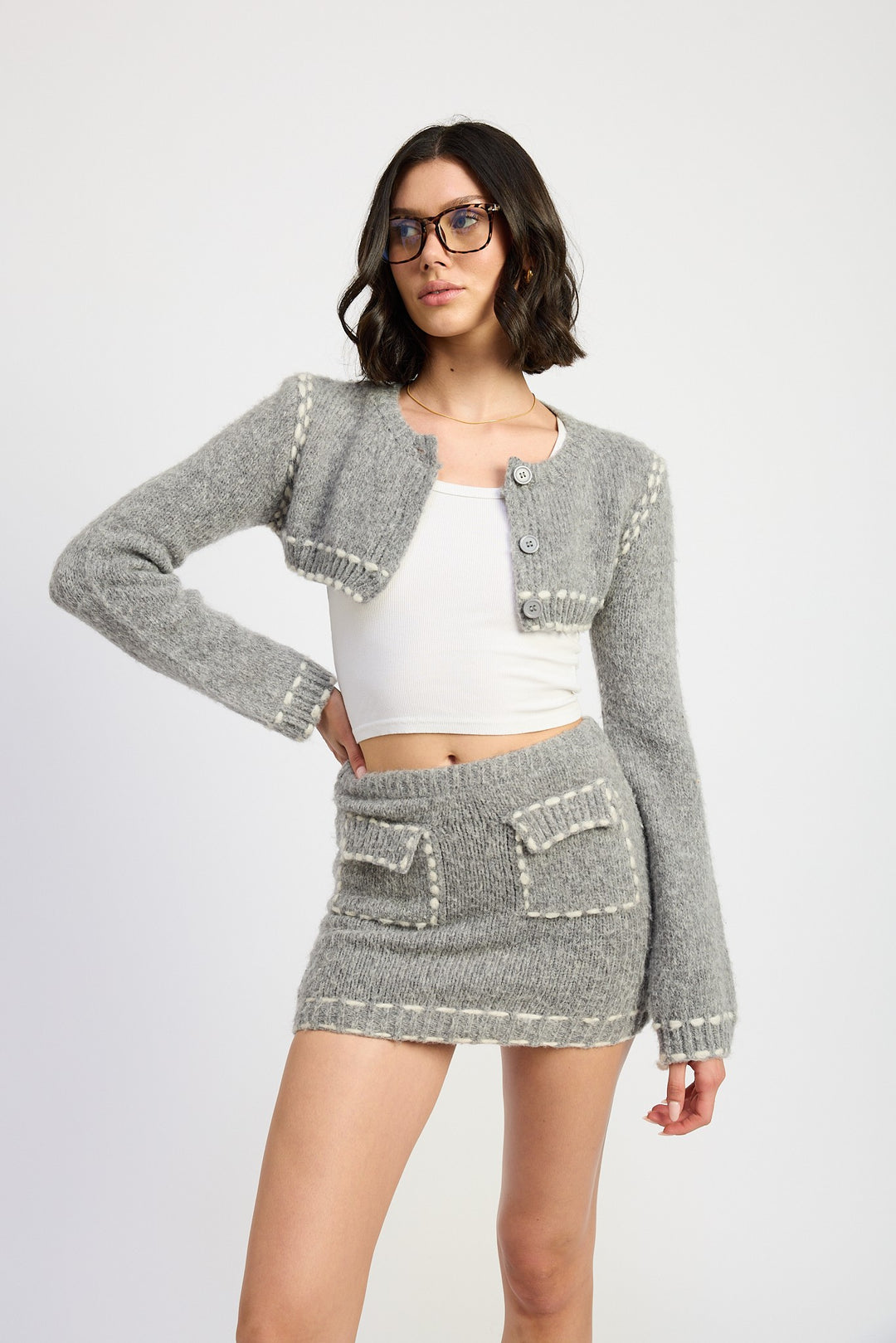 H Grey Cropped Bubble Sleeve Cardigan Top