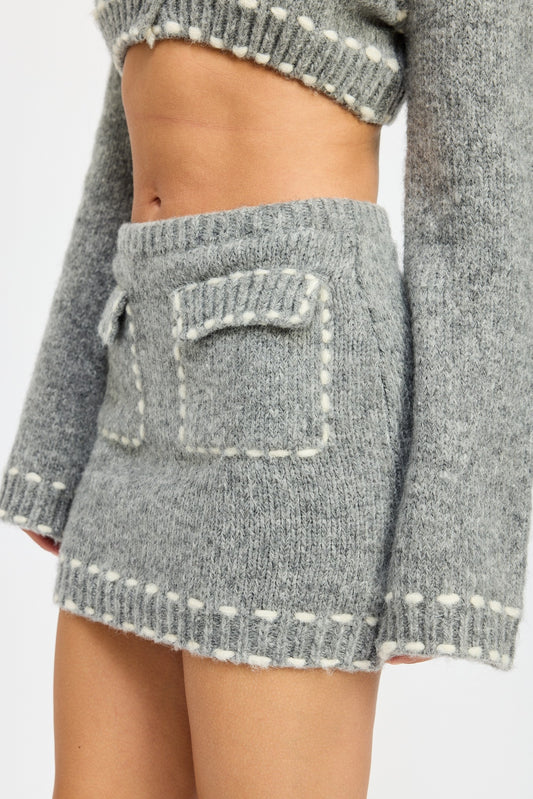 H Grey Knit Mini Skirt With Contrasted Stitching