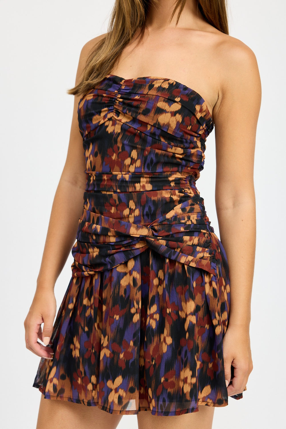 Purple Combo Floral Ruched Mini Dress