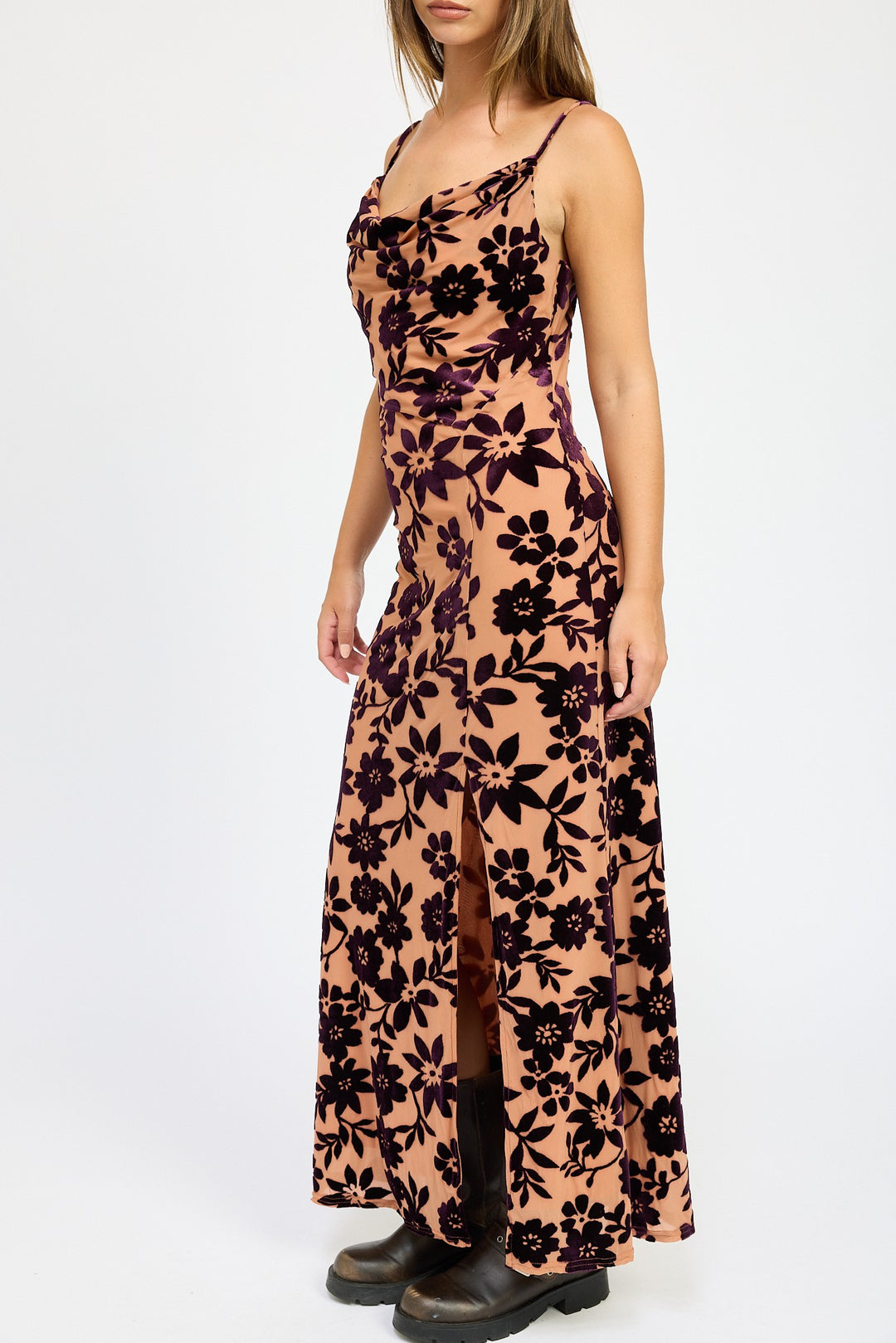 Blush Purple Floral Print Cowl Neck Maxi Dress