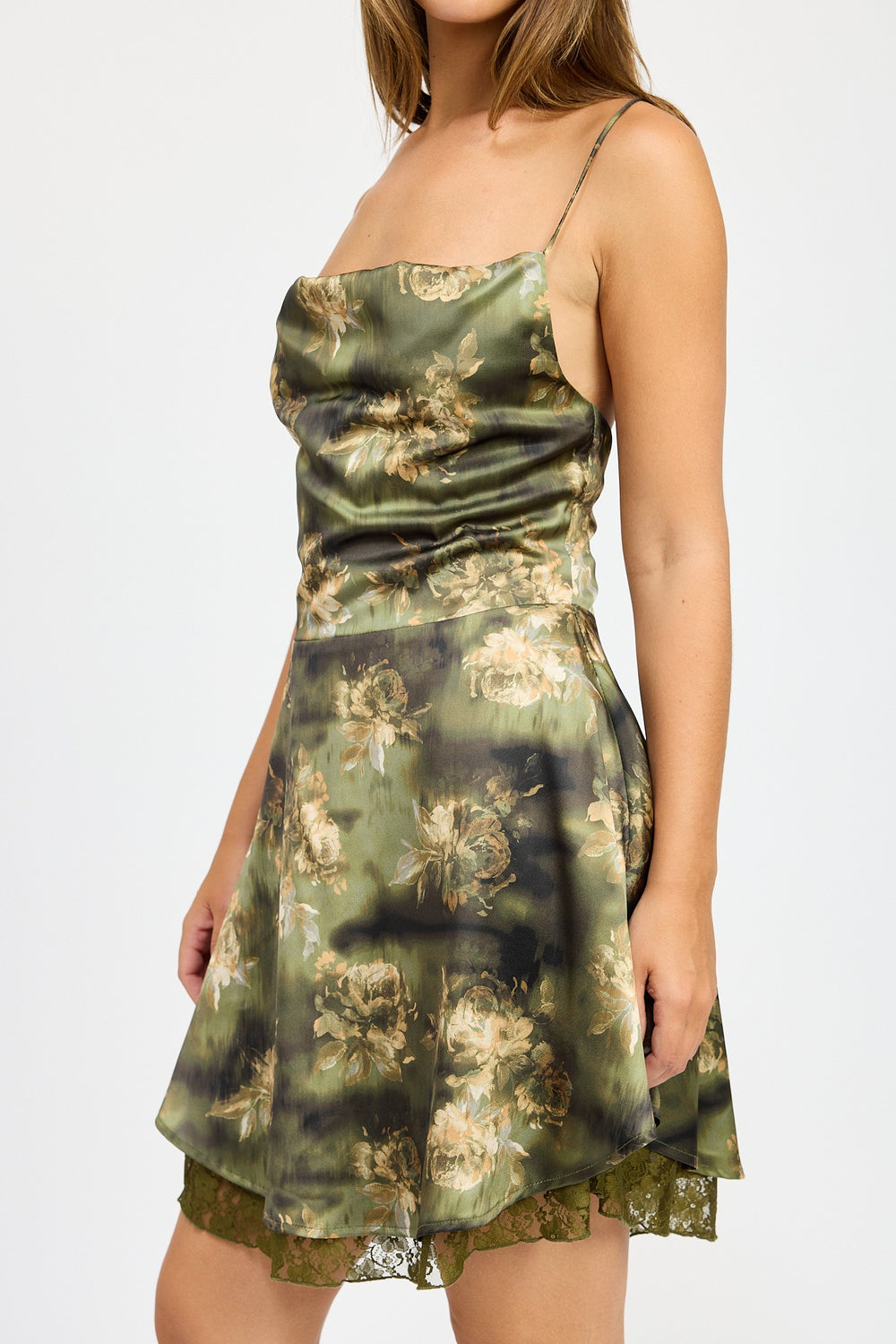 Olive Cowl Neck Mini Dress With Back Tie