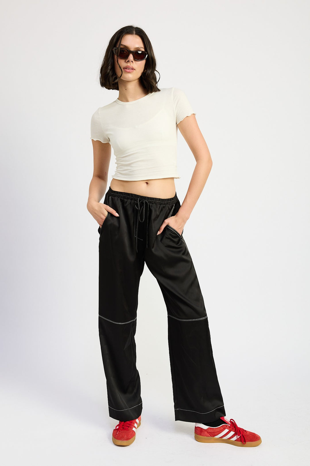 Black Satin Lounge Pants With Contrasted Stitch
