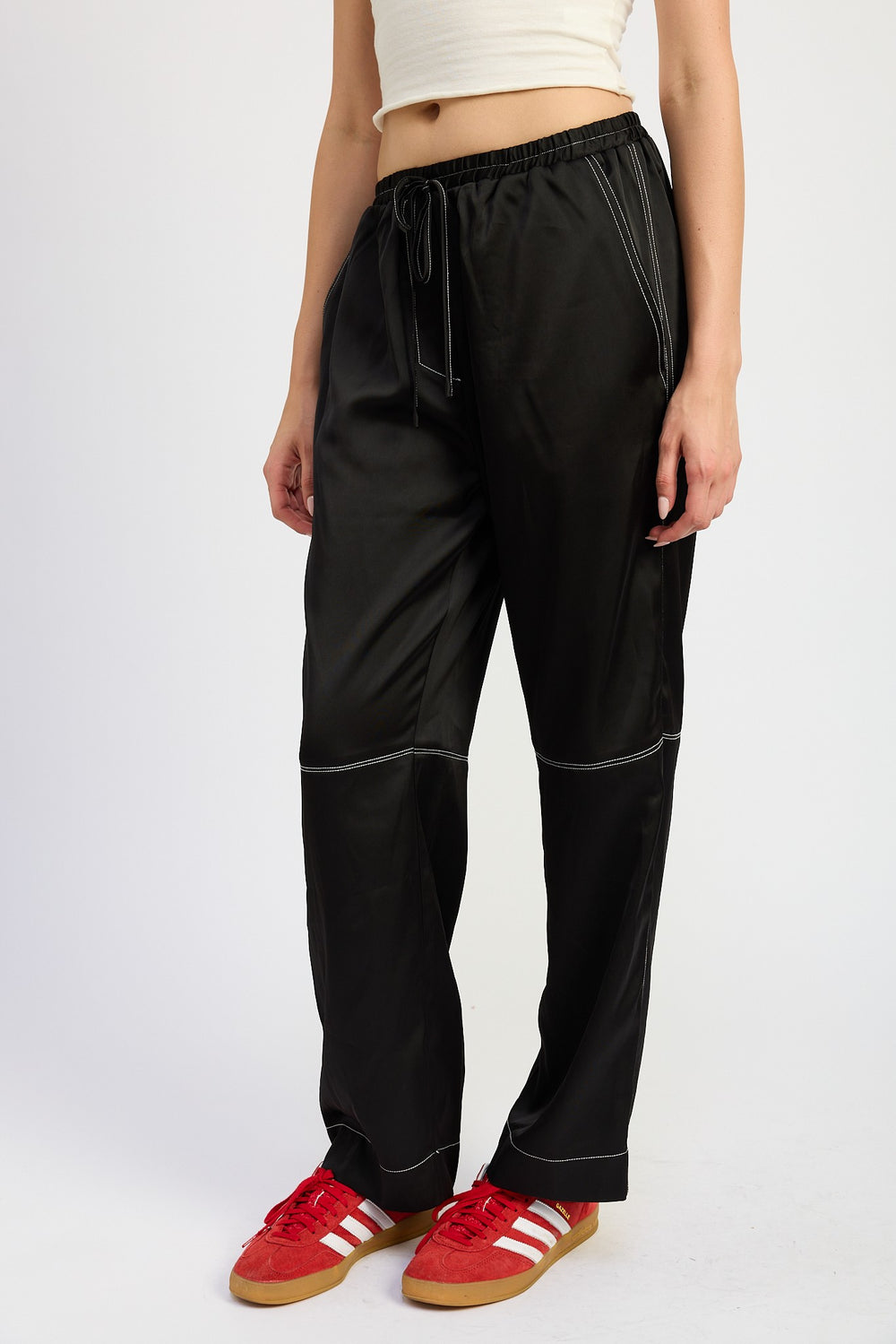 Black Satin Lounge Pants With Contrasted Stitch