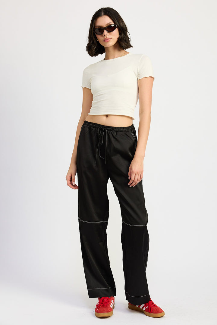 Black Satin Lounge Pants With Contrasted Stitch