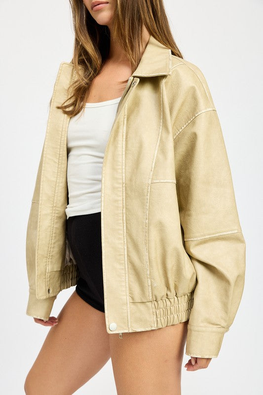 NATURAL Vintage Pu Oversized Bomber Jacket