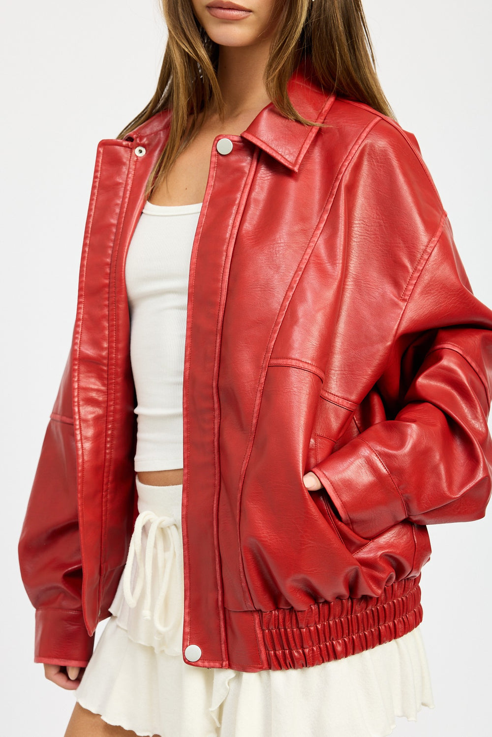Red Vintage Oversized Pu Bomber Jacket