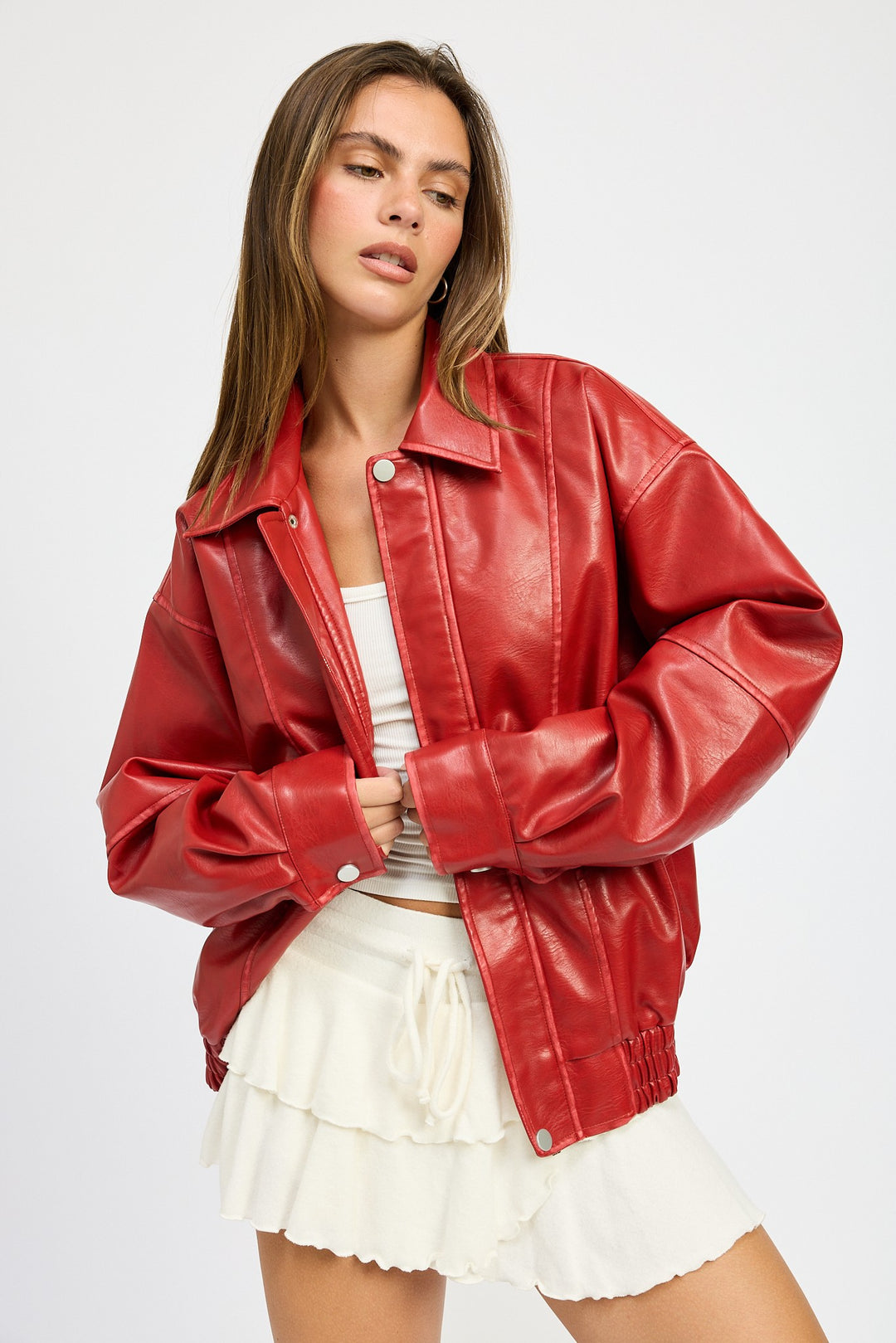 Red Vintage Oversized Pu Bomber Jacket