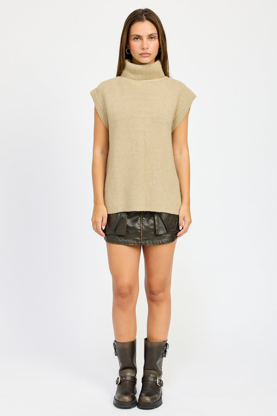 Denim Split Back Turtle Neck Sweater Top