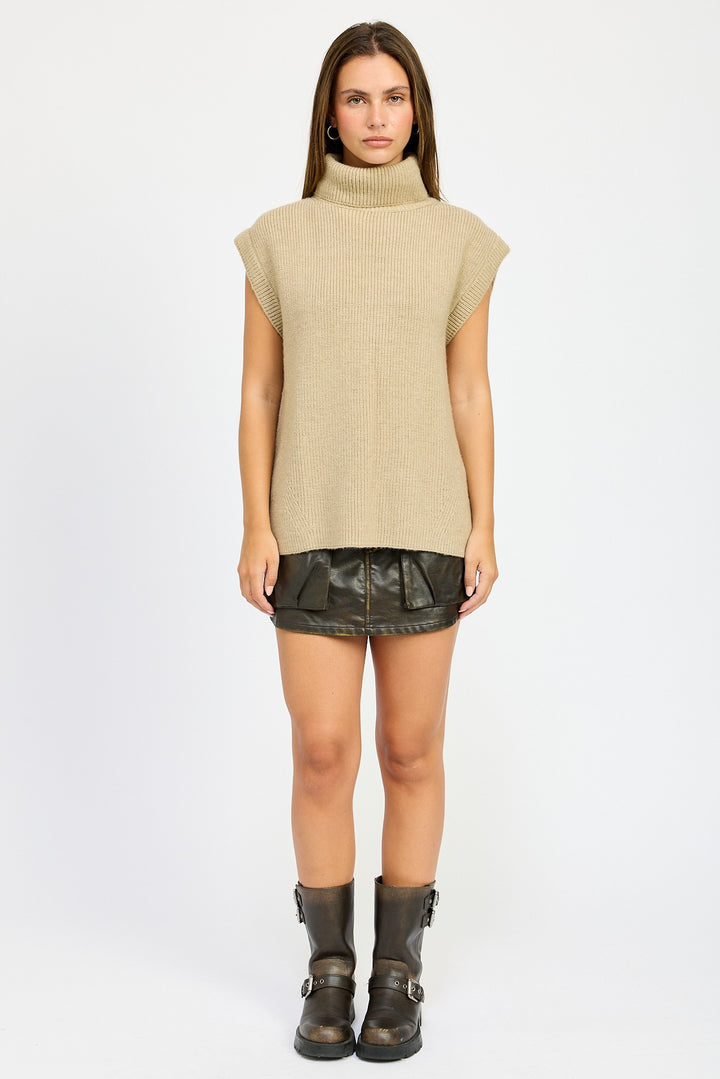 Denim Split Back Turtle Neck Sweater Top