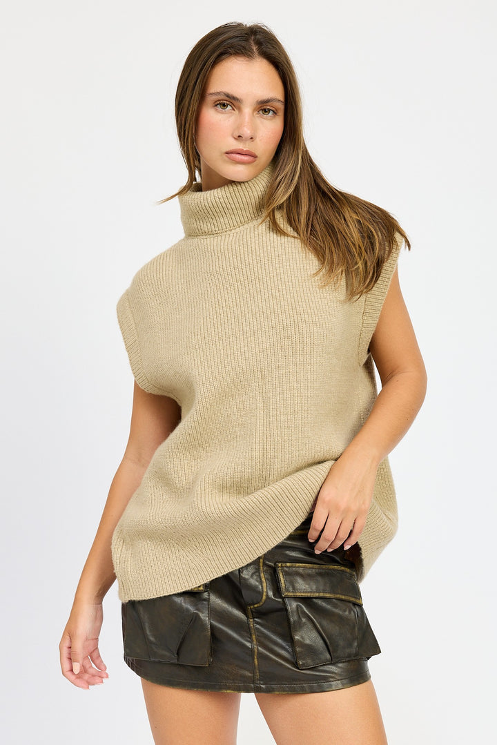 Denim Split Back Turtle Neck Sweater Top