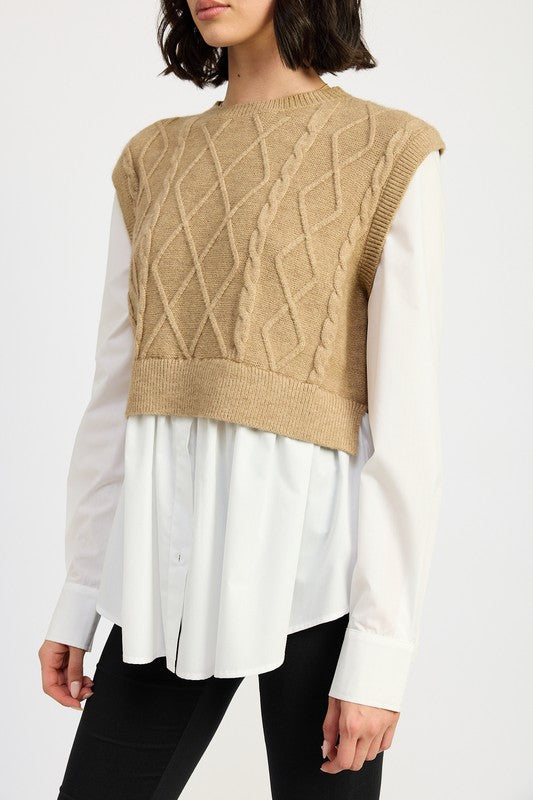 Lt Grey Cable Two Fer Sweater Top
