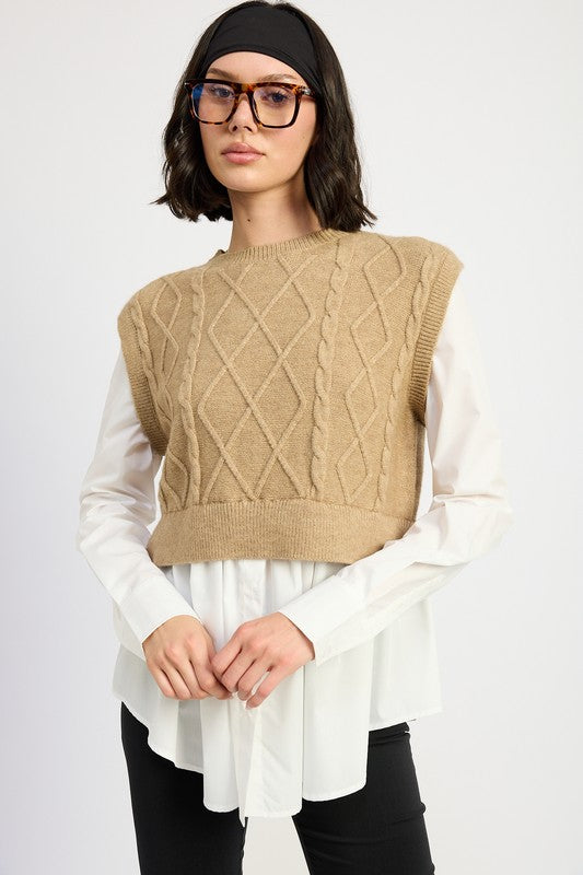 Lt Grey Cable Two Fer Sweater Top