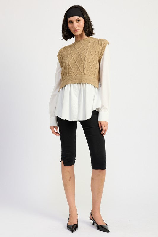 Lt Grey Cable Two Fer Sweater Top