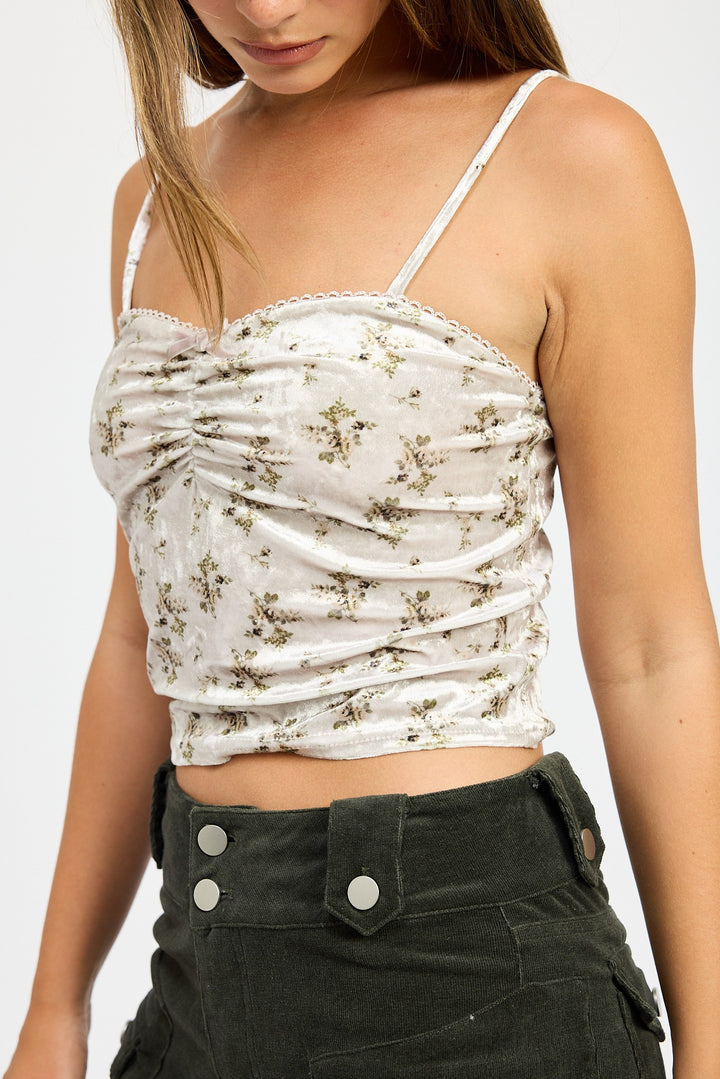 Olive Floral Velvet Ruched Top With Lace Detail