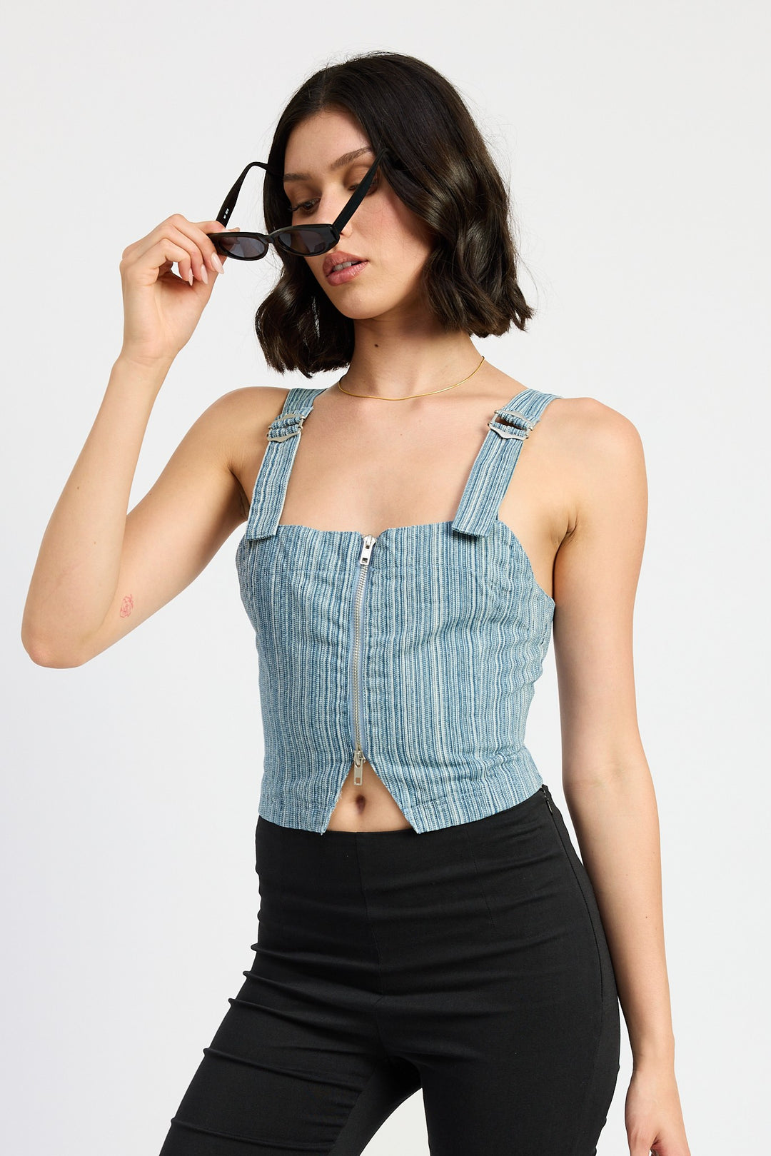 Blue Denim Zipper Front Bustier Top