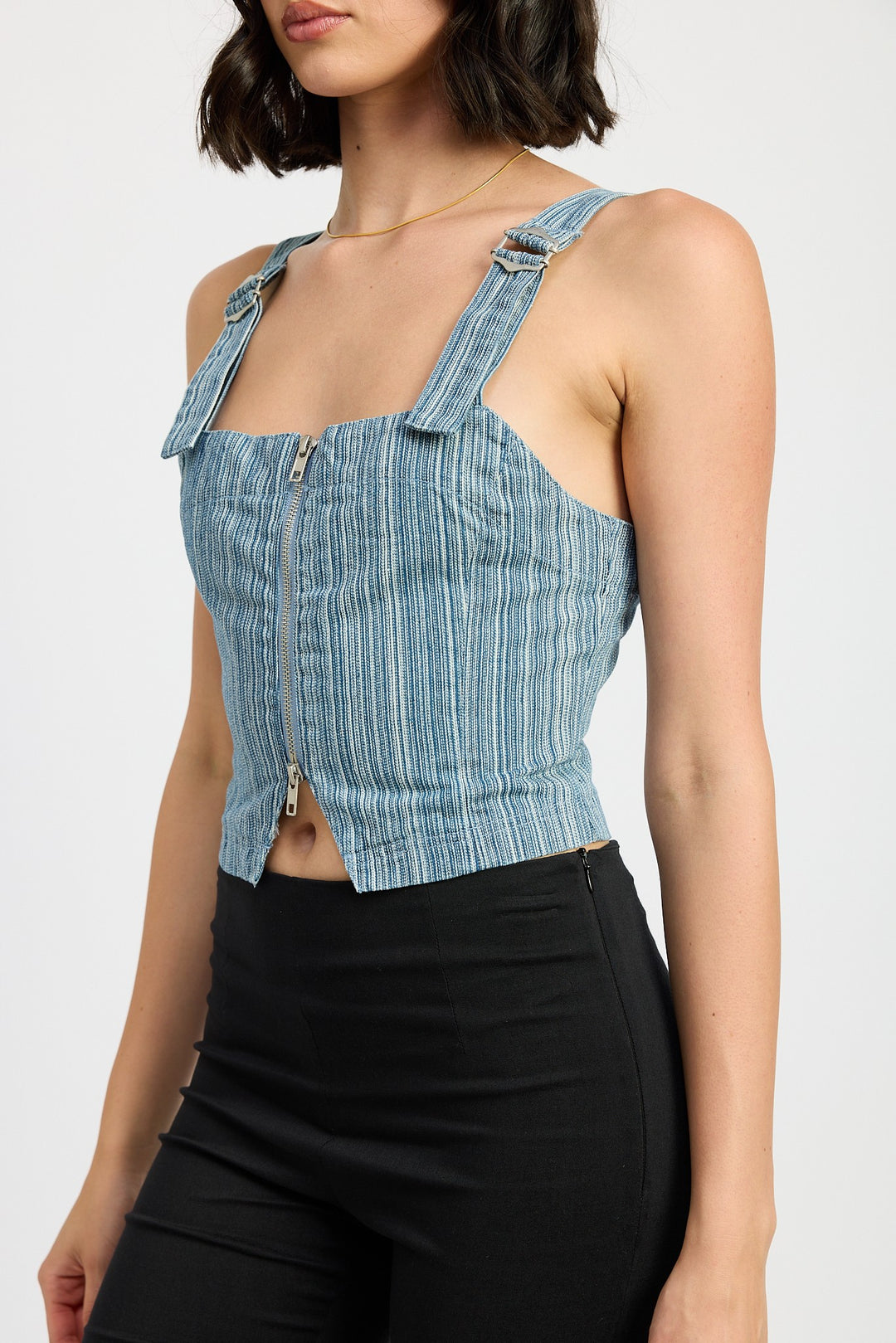 Blue Denim Zipper Front Bustier Top