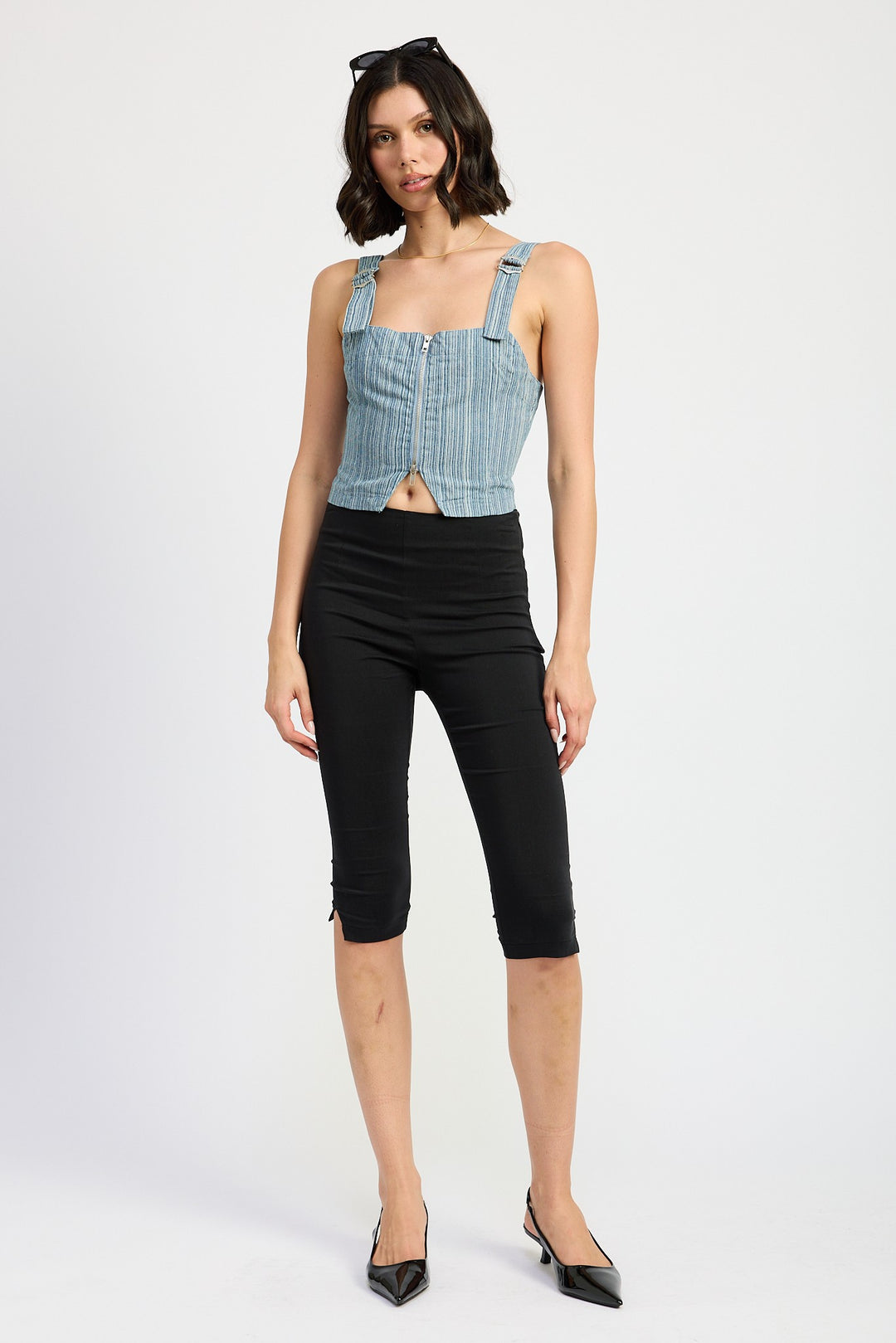 Blue Denim Zipper Front Bustier Top