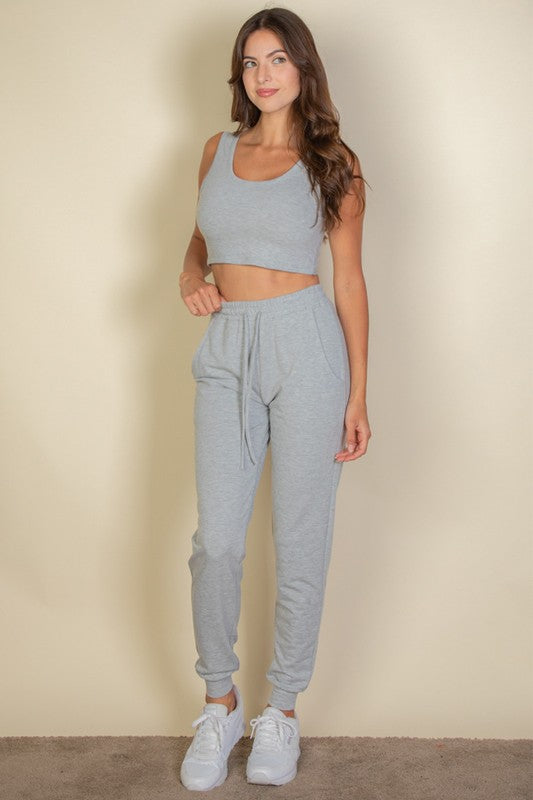 Black French Terry Cropped Tank Top Joggers Set