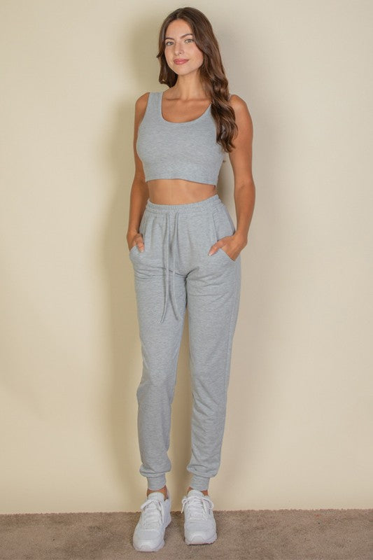 Black French Terry Cropped Tank Top Joggers Set