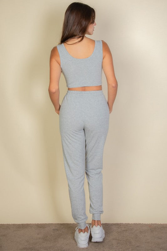 White French Terry Cropped Tank Top Joggers Set