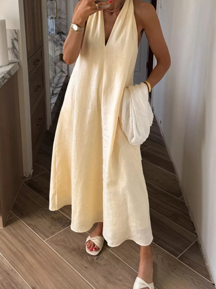 Yellow Halter V Neck Linen Midi Dress