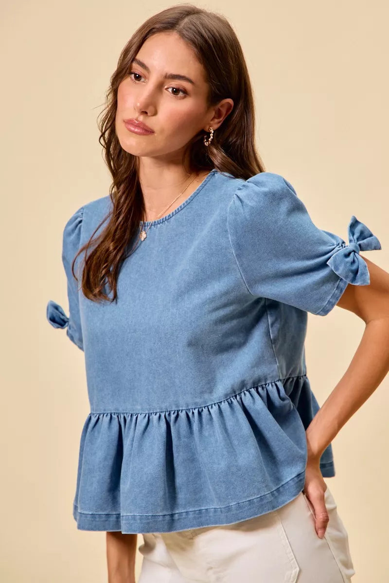 Denim So Me Denim Bow Detail Short Sleeves Peplum Top