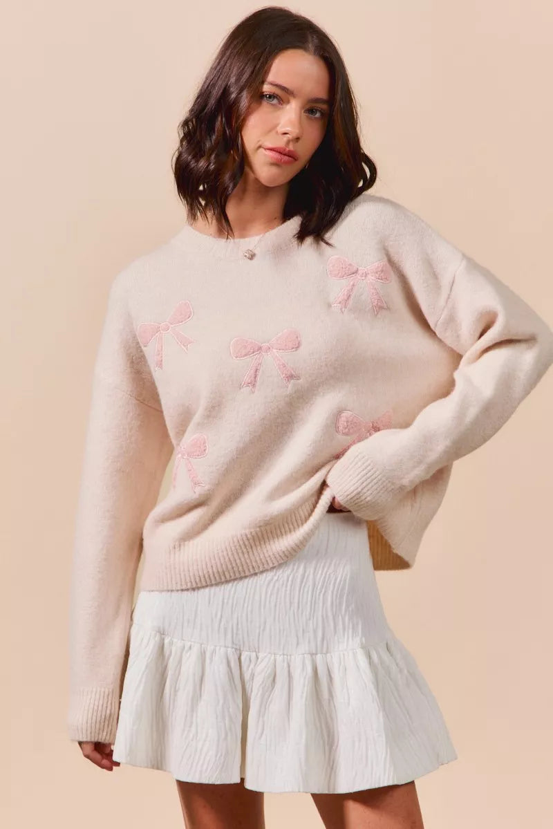 So Me Embroidered Ribbon Round Neck Sweater