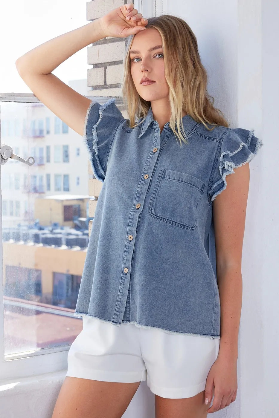 Denim Mittoshop Washed Denim Ruffle Short Sleeve Collared Shirt