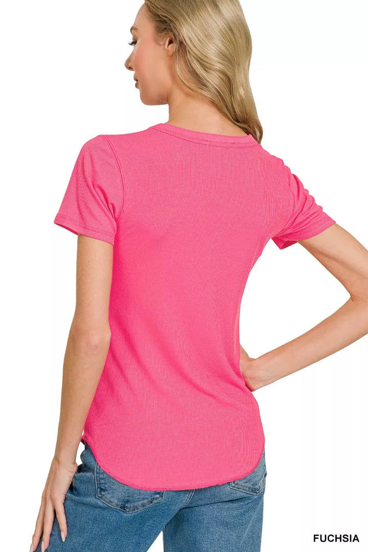 Fuchsia Zenana Ribbed Curved Hem Round Neck Tee