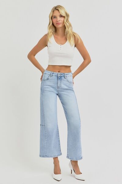 Light Risen Full Size High Rise Seamed Detail Wide Leg Crop Jeans