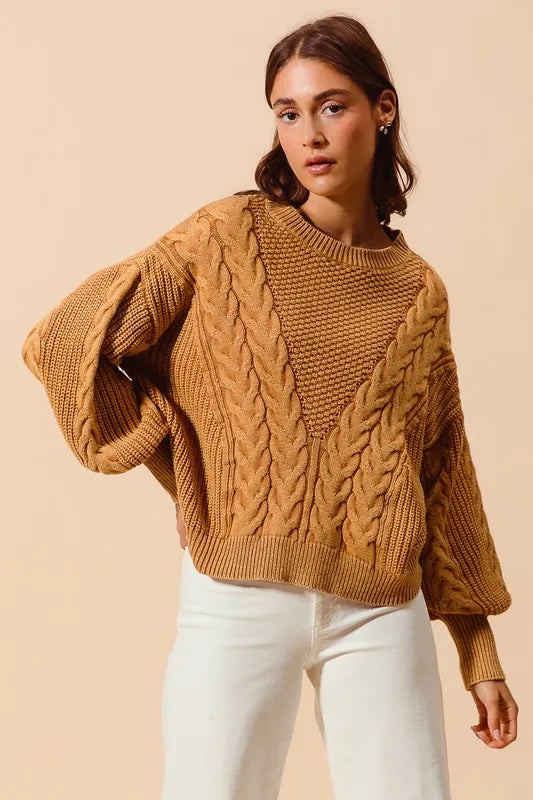So Me Mineral Washed Loose Fit Textured Cable Sweater