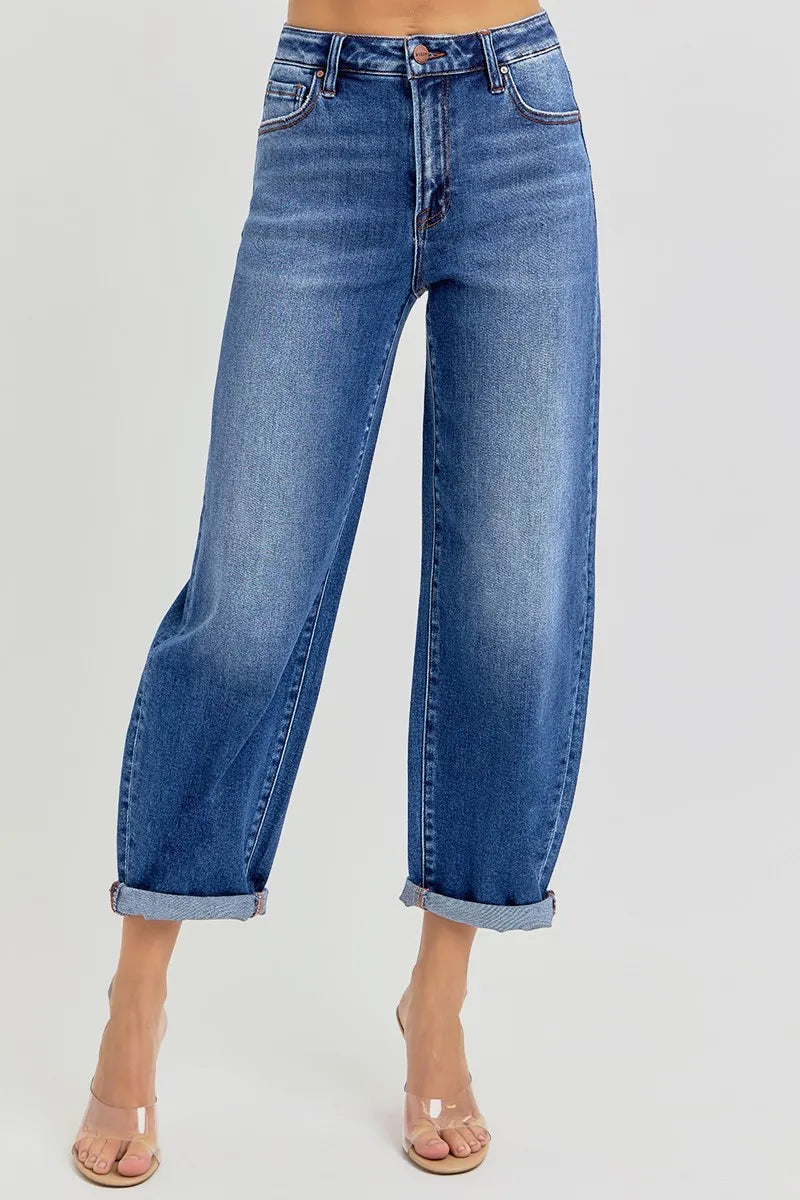 Dark Risen Full Size High Rise Crop Mild Barrel Jeans Plus Size