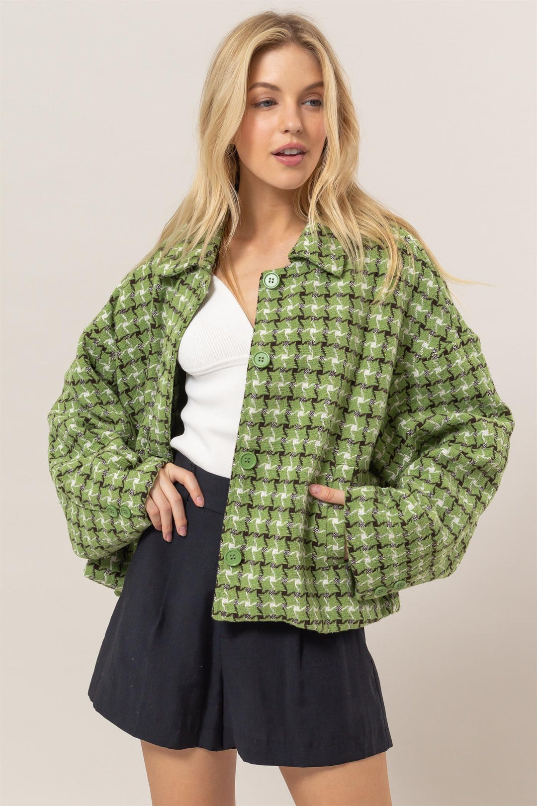Green Hyfve Tweed Plaid Button Up Collared Neck Jacket 1
