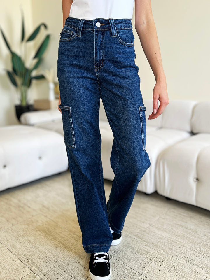Dark Judy Blue Full Size High Waist Cargo Jeans
