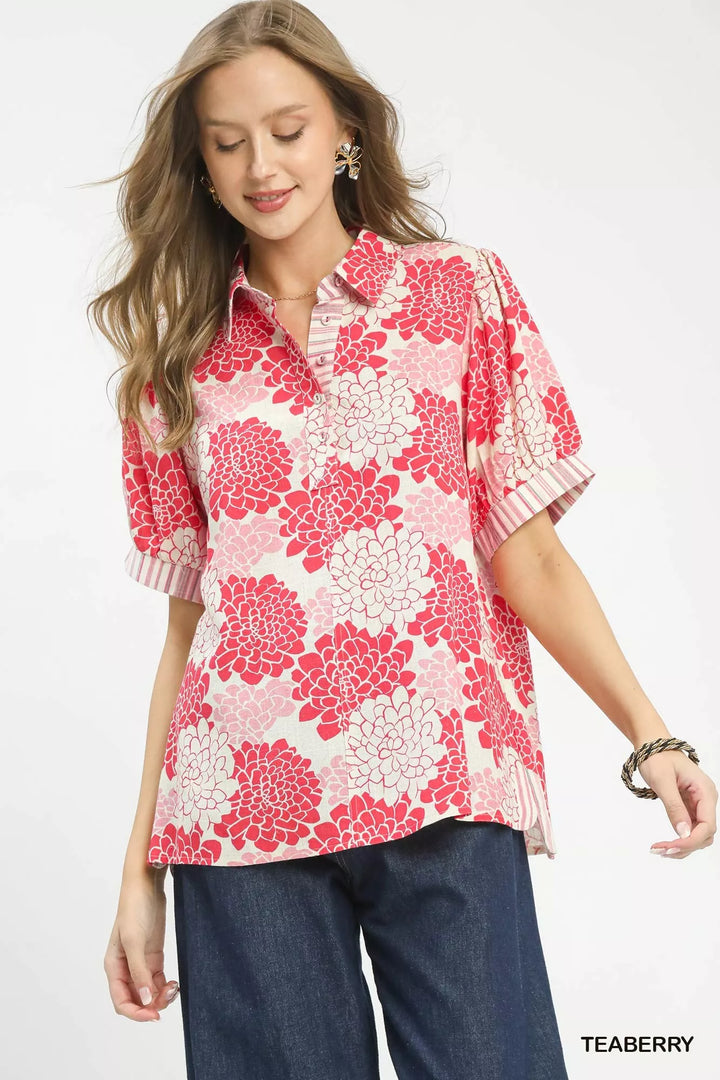 Teaberry Umgee Floral Collared Short Sleeve Blouse