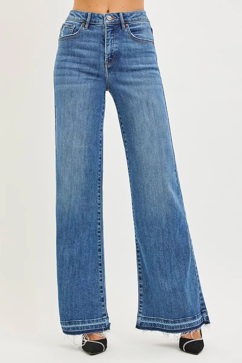 Medium Risen High Rise Wide Leg Jeans With Released Hem