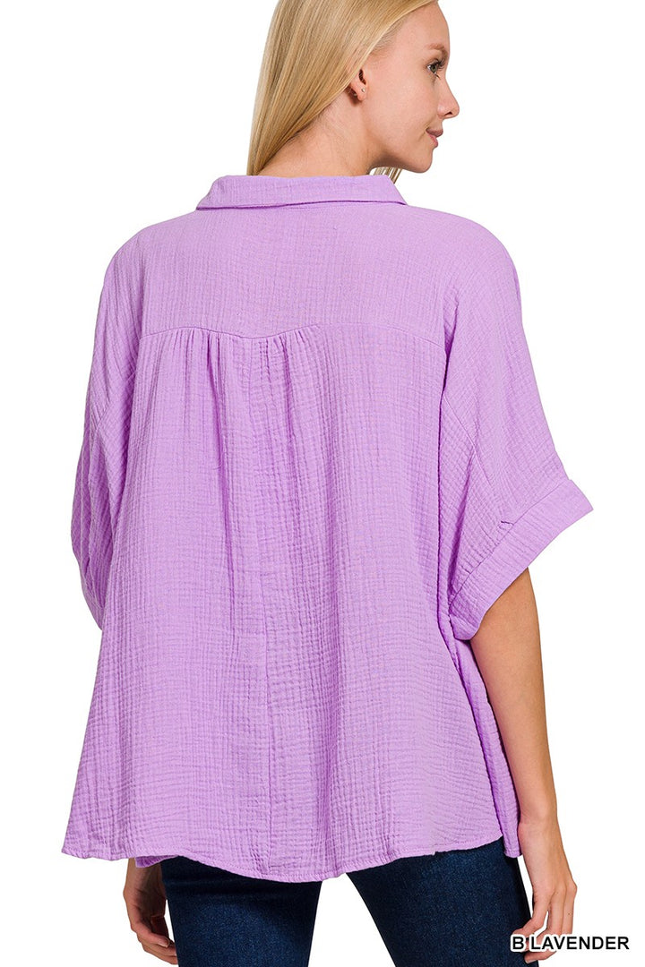 Zenana Double Gauze 3 4 Sleeve Button Up Shirt