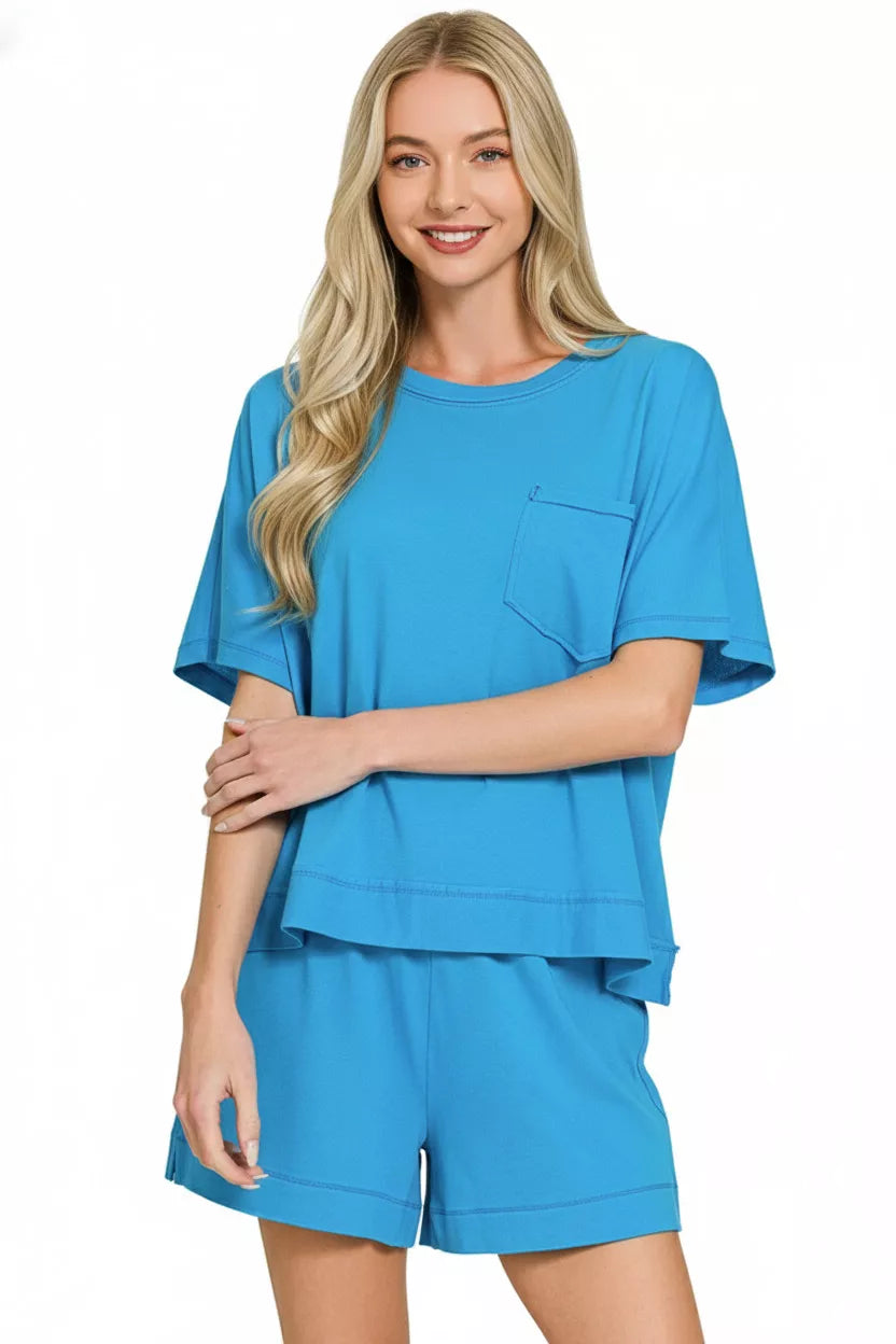 Deep Sky Zenana Exposed Seam Boxy Top Shorts Set 1