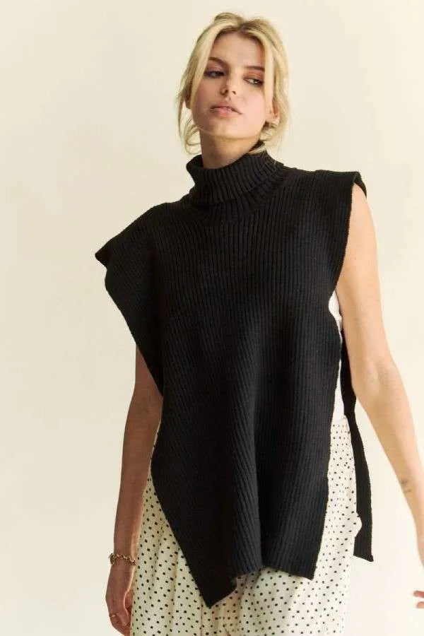 Davi Dani Side Split Turtleneck Sleeveless Knit Top