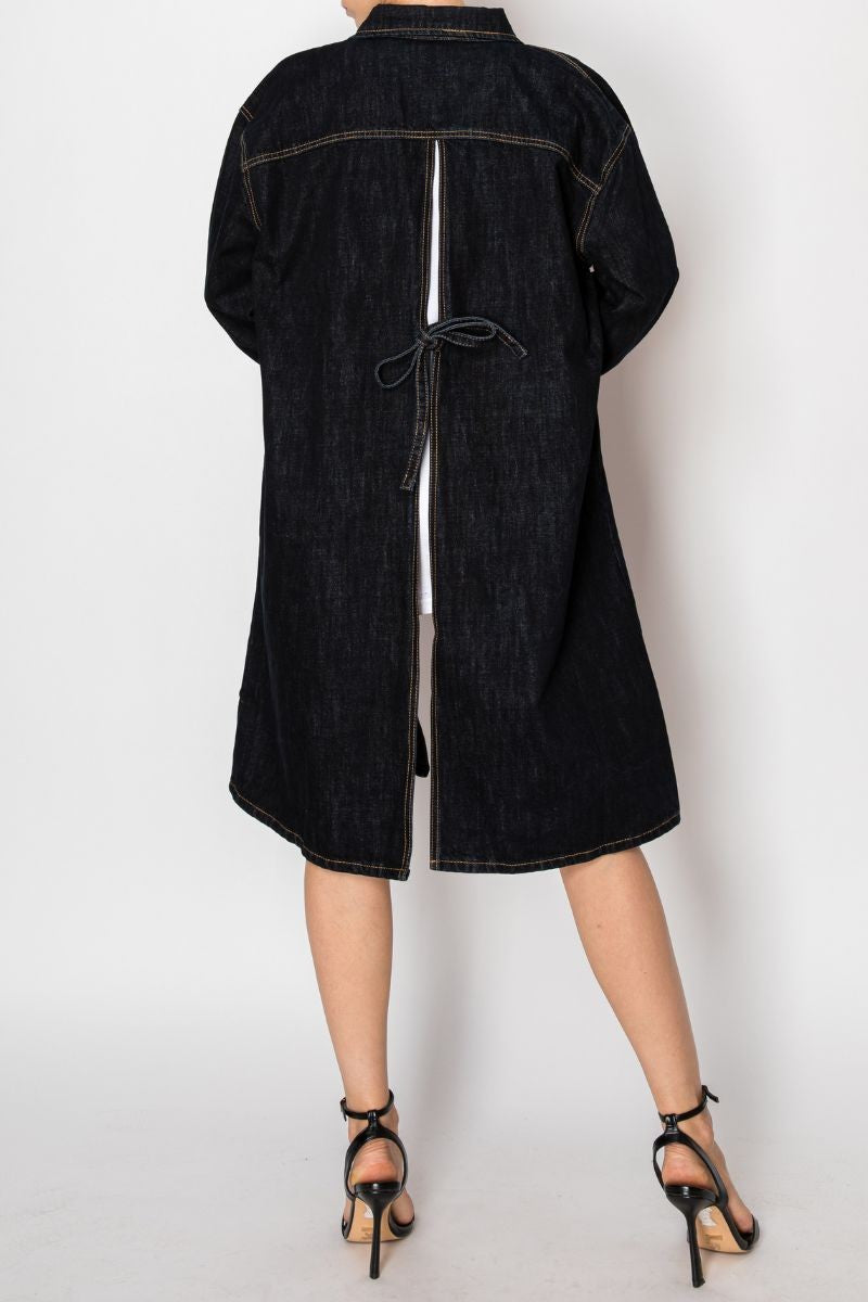 Back Tie Slit Denim Jacket Dark Wash