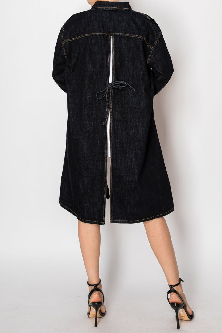 Back Tie Slit Denim Jacket Dark Wash